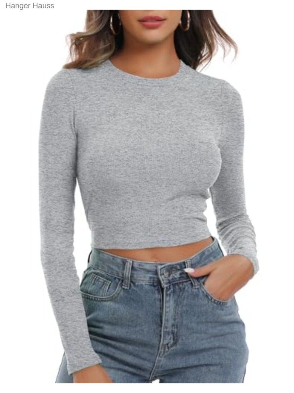 Women's Round Neck Long Sleeve Knit Ribbed Fitted Crop Top Casual Basic Shirt